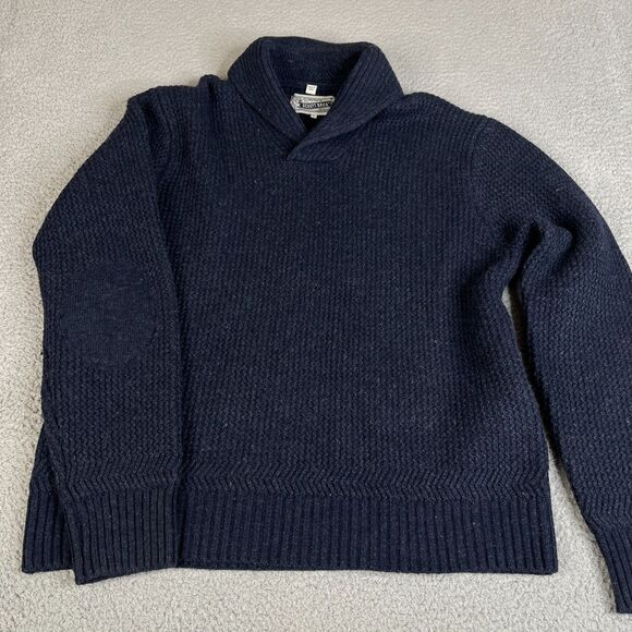 Schott Bros Sweater Mens XL Blue Wool Blend Shawl Collar Elbow Patch Knit - Picture 1 of 11